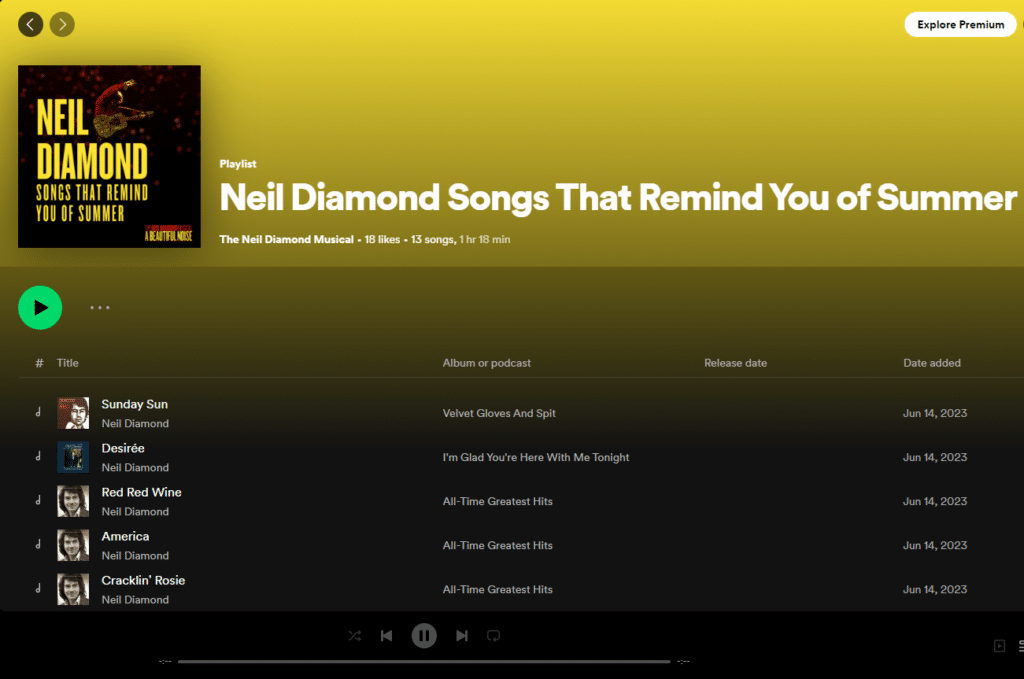 spotify playlist of neil diamond songs for summer